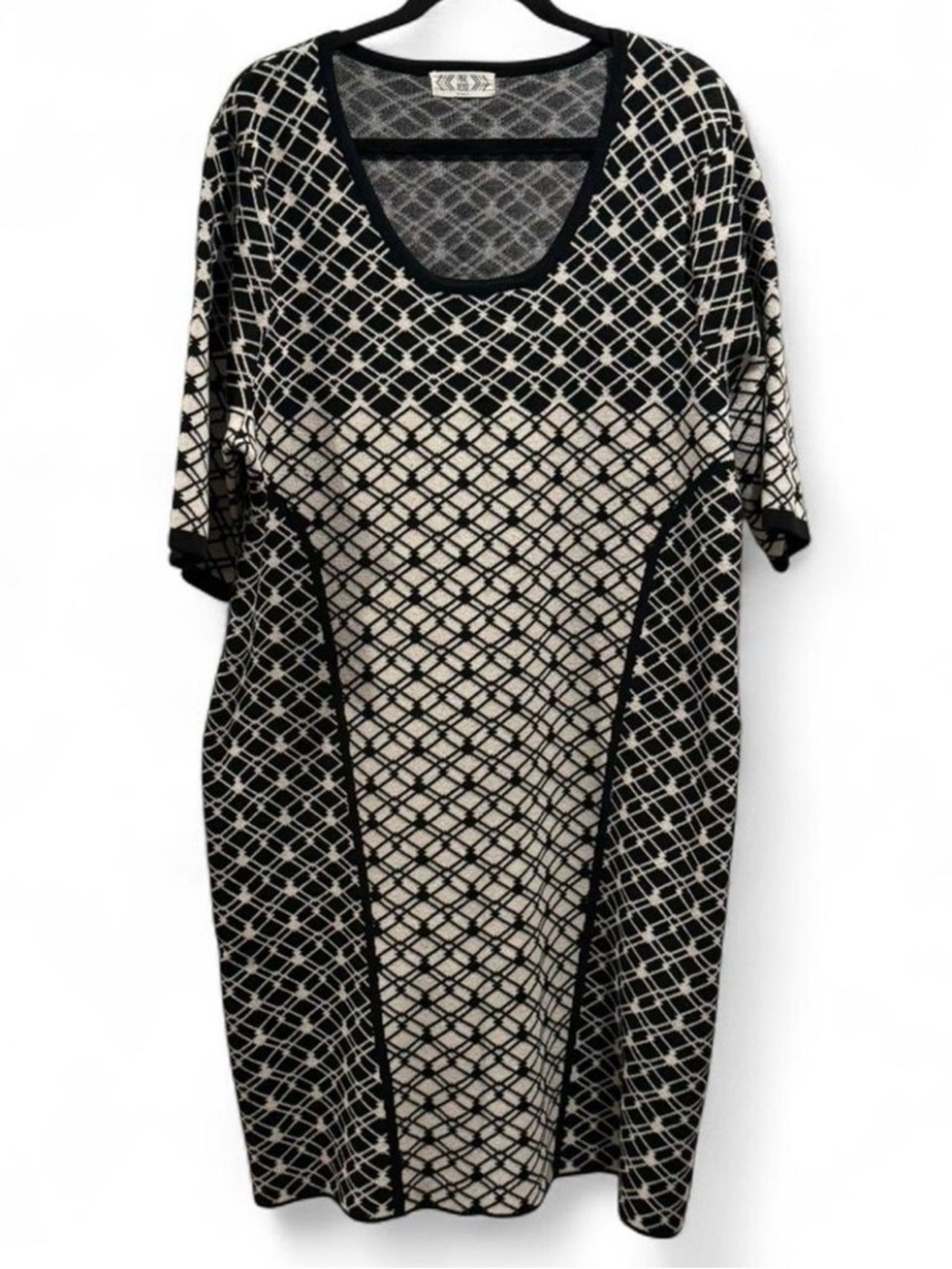 Pink Rose Black and Cream Geometric Midi Dress